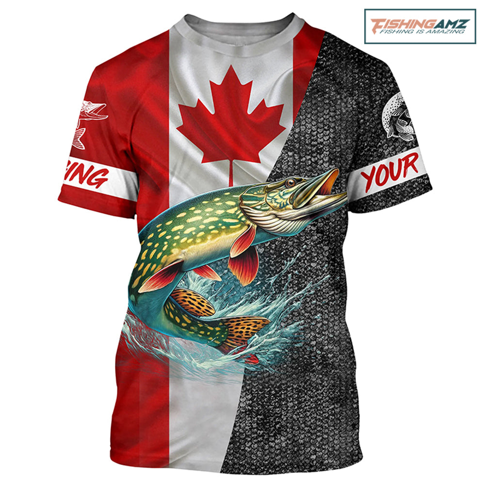 Personalized Northern pike Fishing Jerseys, Custom Canadian flag Pike fishing shirts | T-shirt NQS4927