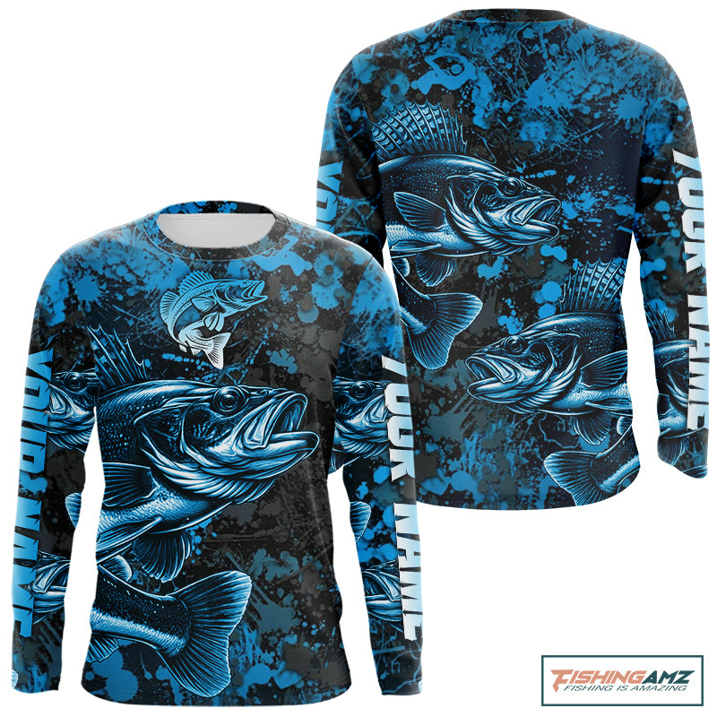 Blue Camo Walleye Fishing Long sleeve Shirts Custom Walleye performance fishing apparel NQS11061