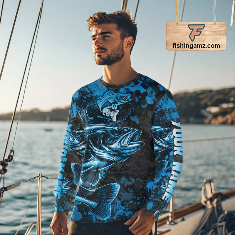 Blue Camo Walleye Fishing Long sleeve Shirts Custom Walleye performance fishing apparel NQS11061