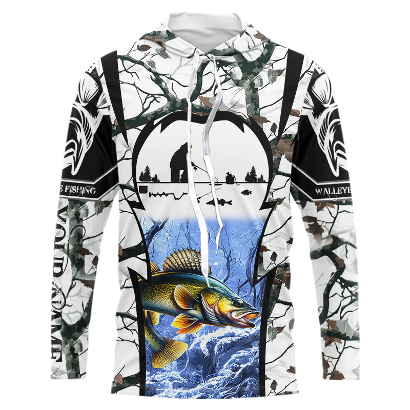 Ice fishing walleye snow winter camo Customize name Long sleeve Fishing shirts NPQ246