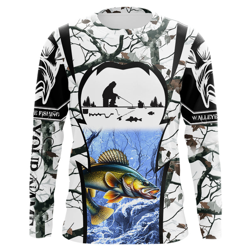 Ice fishing walleye snow winter camo Customize name Long sleeve Fishing shirts NPQ246