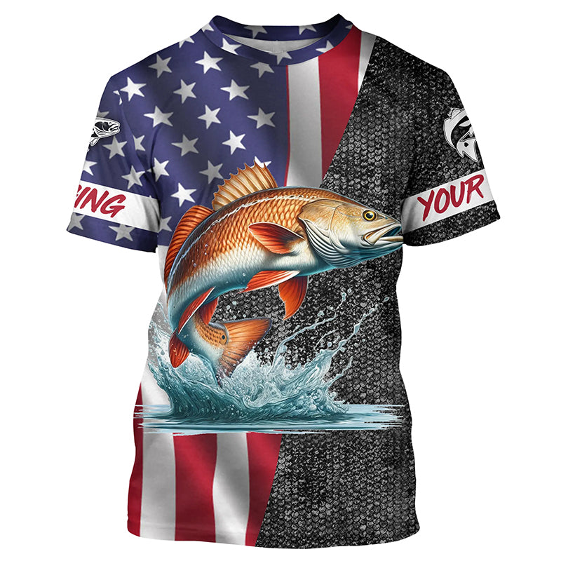 Custom American Flag patriotic redfish Fishing Jerseys, Personalized red drum fishing T-shirt NQS4957