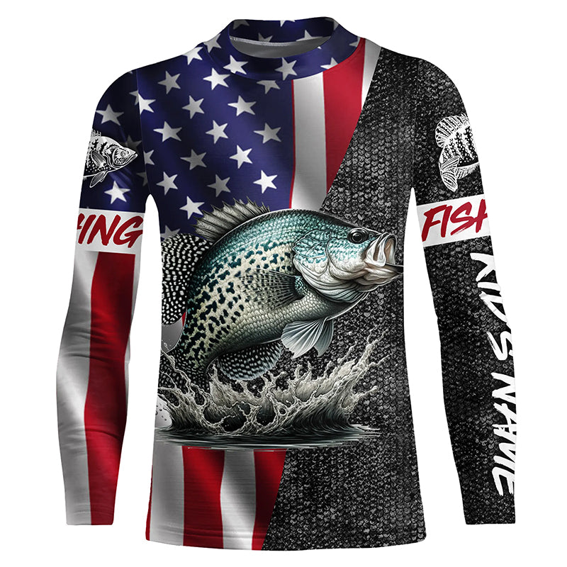 American Flag patriotic Crappie Fishing Jersey, Personalized Crappie fishing kid Long Sleeves shirt NQS4958
