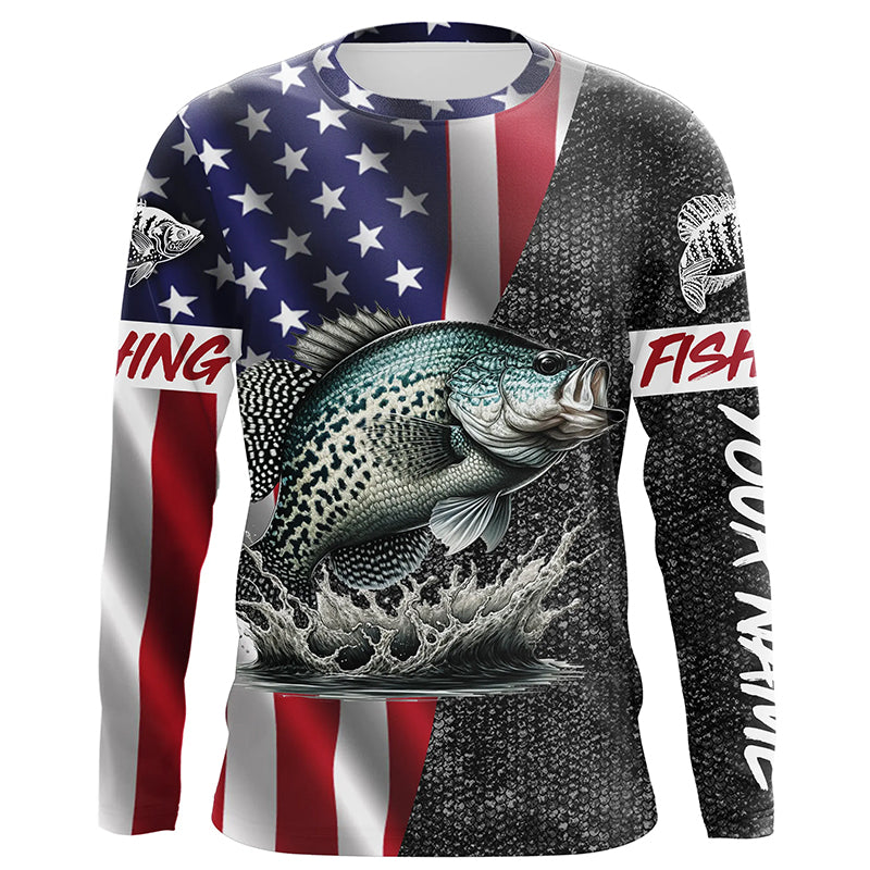 Custom American Flag patriotic Crappie Fishing Jersey, Personalized Crappie fishing Long sleeve shirts NQS4958