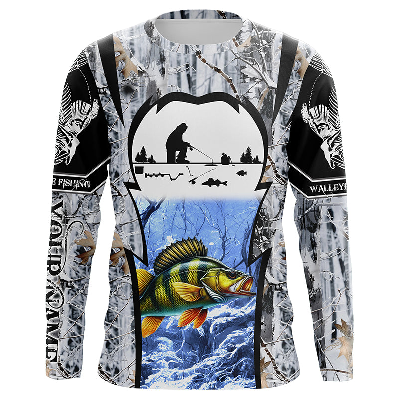 Perch fishing Ice fishing Winter camo Customize UV protection long sleeves fishing shirt for men NPQ63