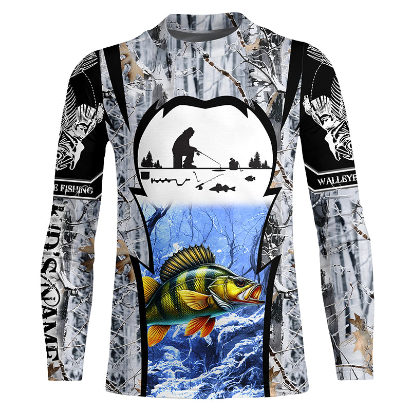 Perch Ice fishing Winter camo Customize Name UV protection long sleeves fishing shirt for kid NPQ63