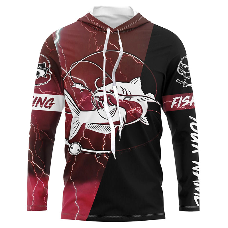 Catfish Fishing tattoo red camo lightning black Custom name performance long sleeve fishing shirts NQS5292