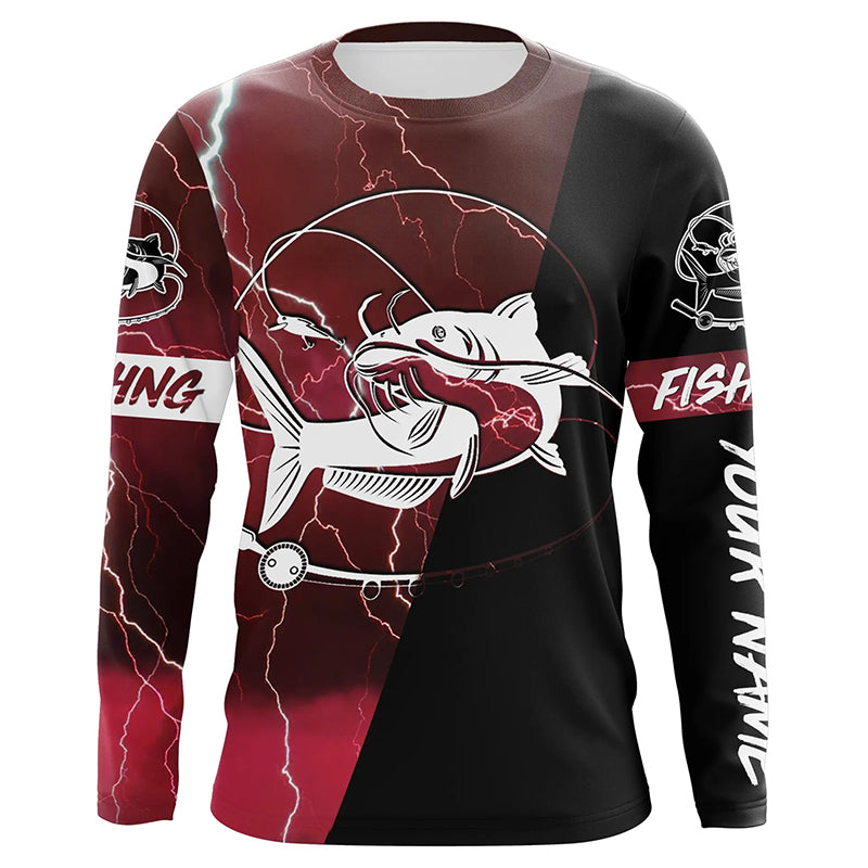 Catfish Fishing tattoo red camo lightning black Custom name performance long sleeve fishing shirts NQS5292