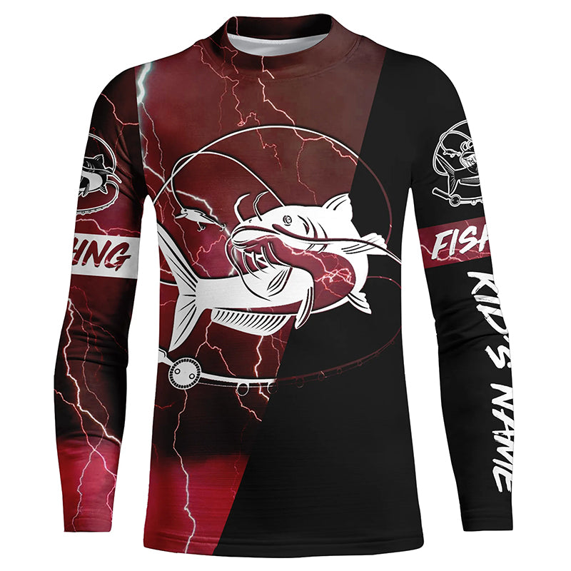 Catfish Fishing tattoo red camo lightning black Custom name performance Kid long sleeve Fishing Shirt NQS5292