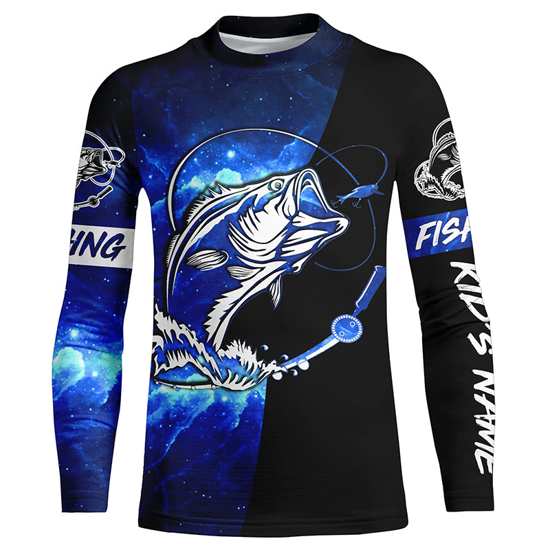 Bass Fishing tattoo blue galaxy black Custom performance UV protection Kid long sleeve Fishing Shirt NQS5293