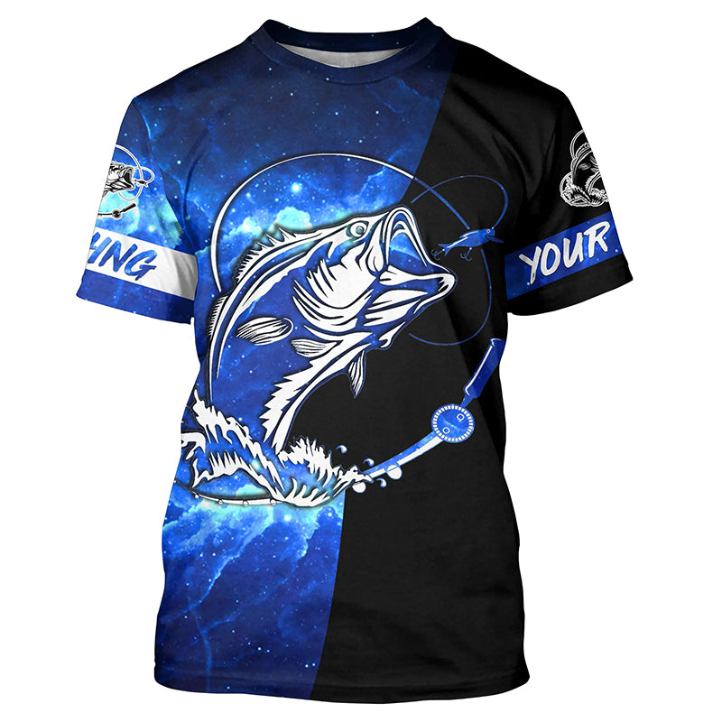 Bass Fishing tattoo blue galaxy black Custom performance UV protection Fishing T-shirt NQS5293