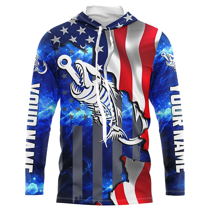 American flag fishing Fish hook skull reaper blue Custom Long sleeve, Long Sleeve Hooded NPQ763