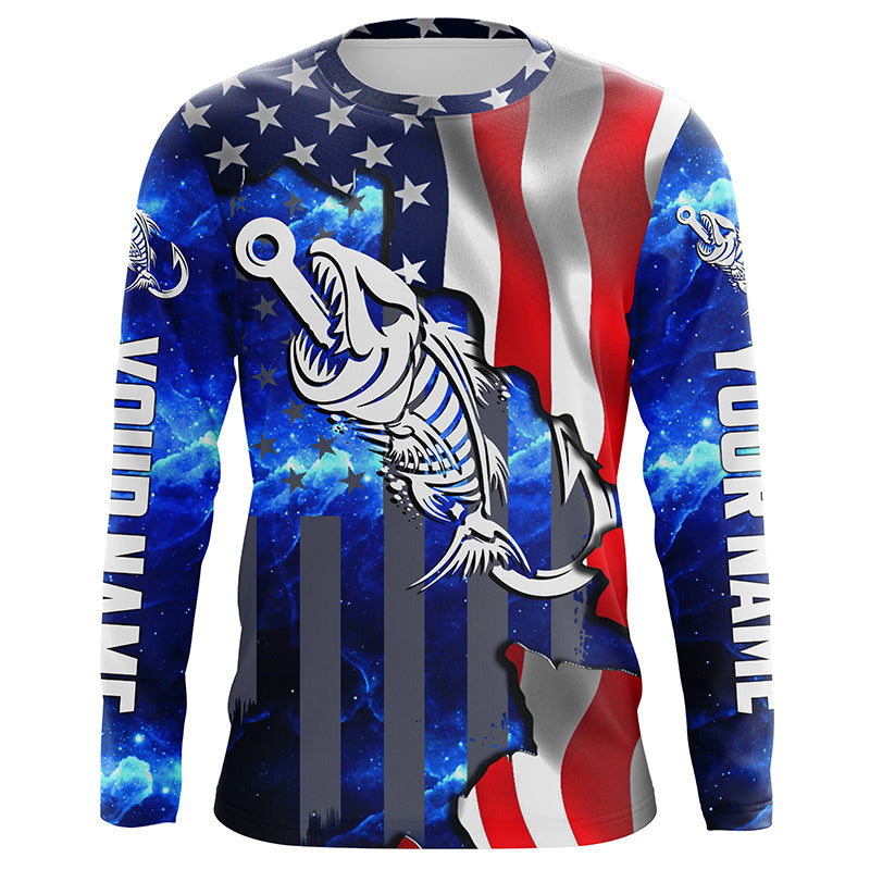 American flag fishing Fish hook skull reaper blue Custom Long sleeve, Long Sleeve Hooded NPQ763