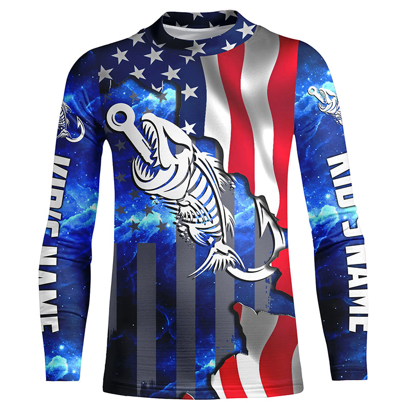 American flag fishing Fish hook skull reaper blue Custom fishing jerseys | Kid Long Sleeves NPQ763