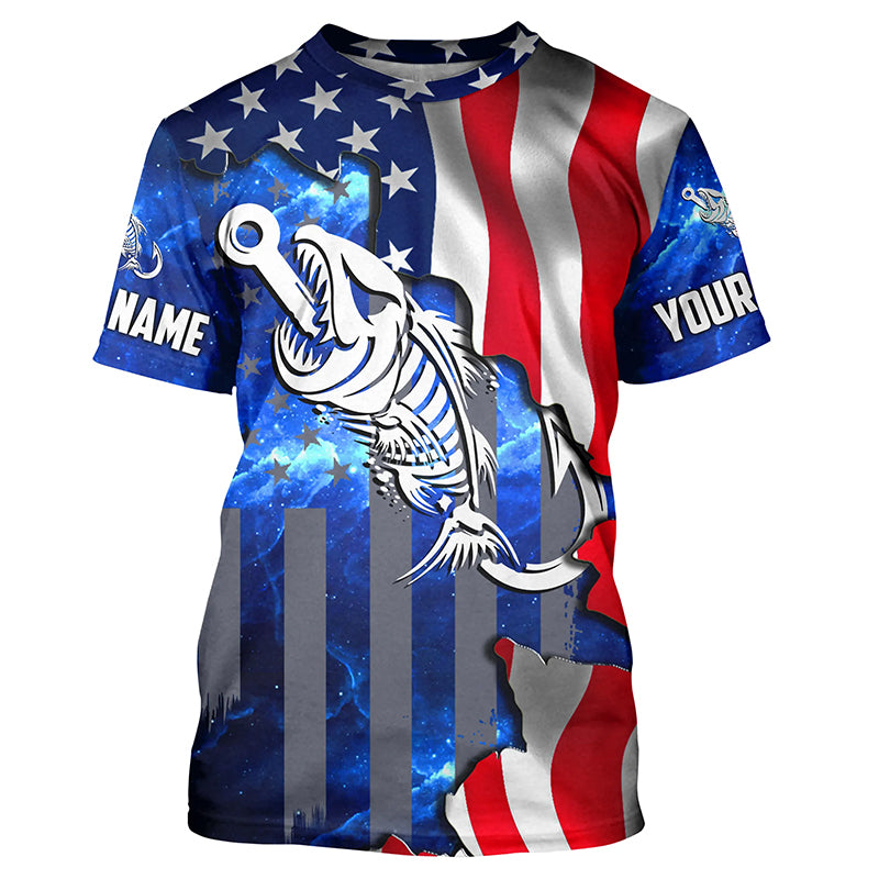 American flag fishing Fish hook skull reaper blue Custom name fishing jerseys | Tshirt - NPQ763