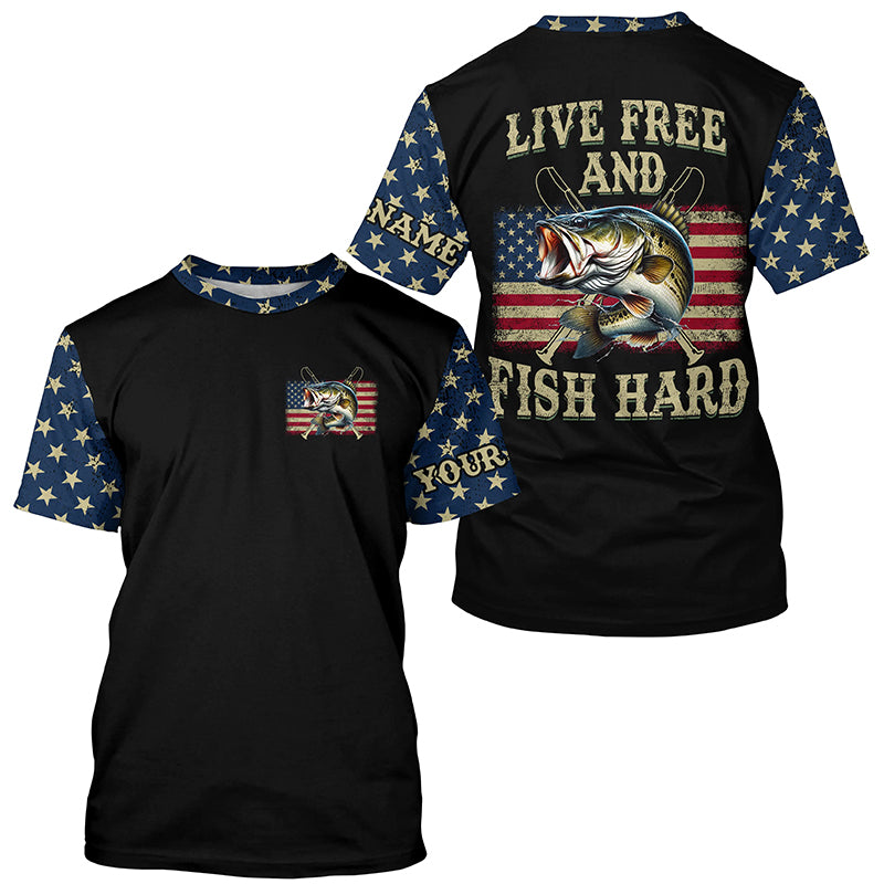 "Live Free and Fish Hard" American Flag Bass fishing Custom fishing T-shirt NPQ407