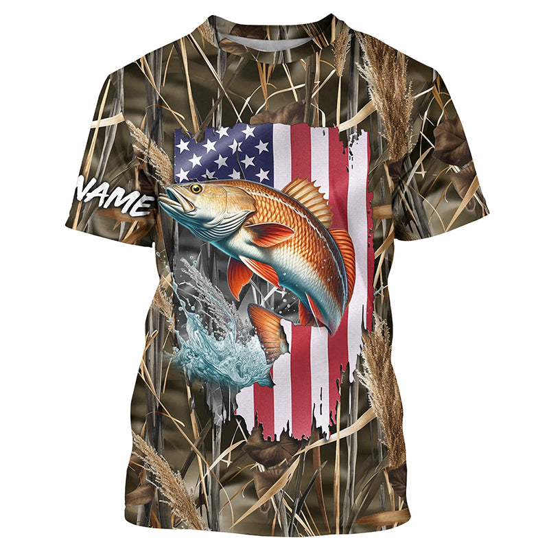 American flag Redfish fishing camo Customize Name All-over Print Unisex fishing T-shirt NPQ85