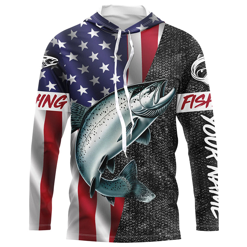 American Flag Salmon Fishing Custom long sleeve performance Fishing Shirts, Salmon Fishing jerseys NQS7883