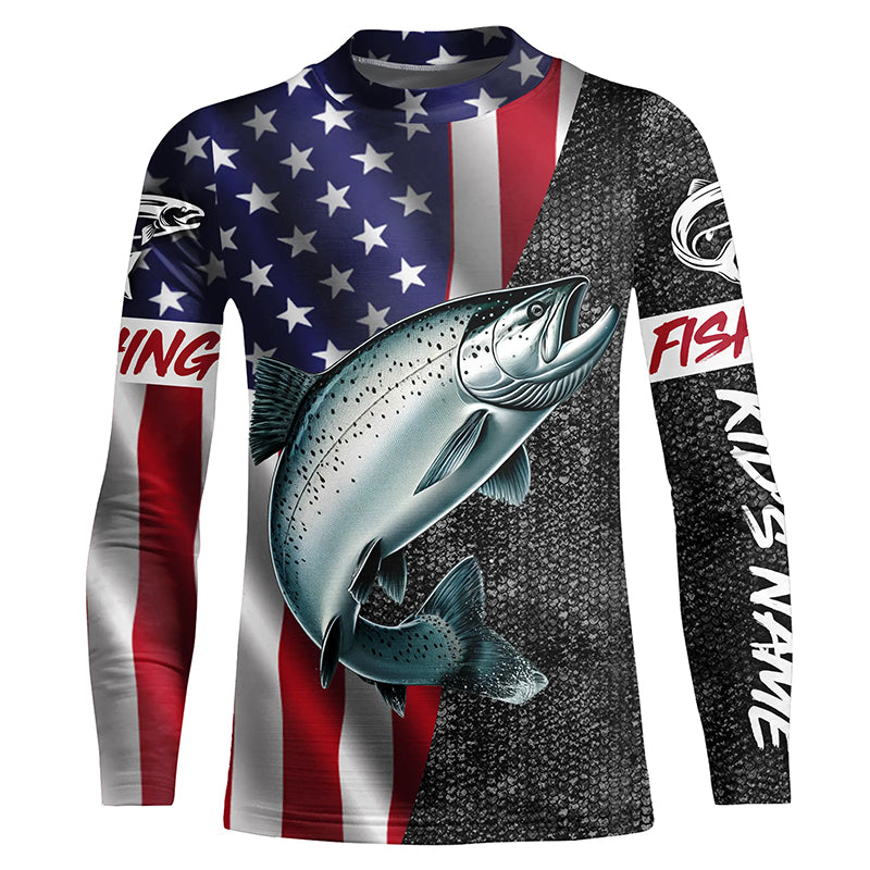American Flag Salmon Fishing Custom Kid long sleeve performance Fishing Shirts, Salmon Fishing jerseys NQS7883