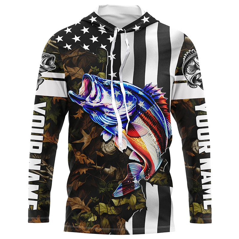 Bass Fishing American Flag black camo Customize UV protection long sleeves fishing shirt for men NPQ88