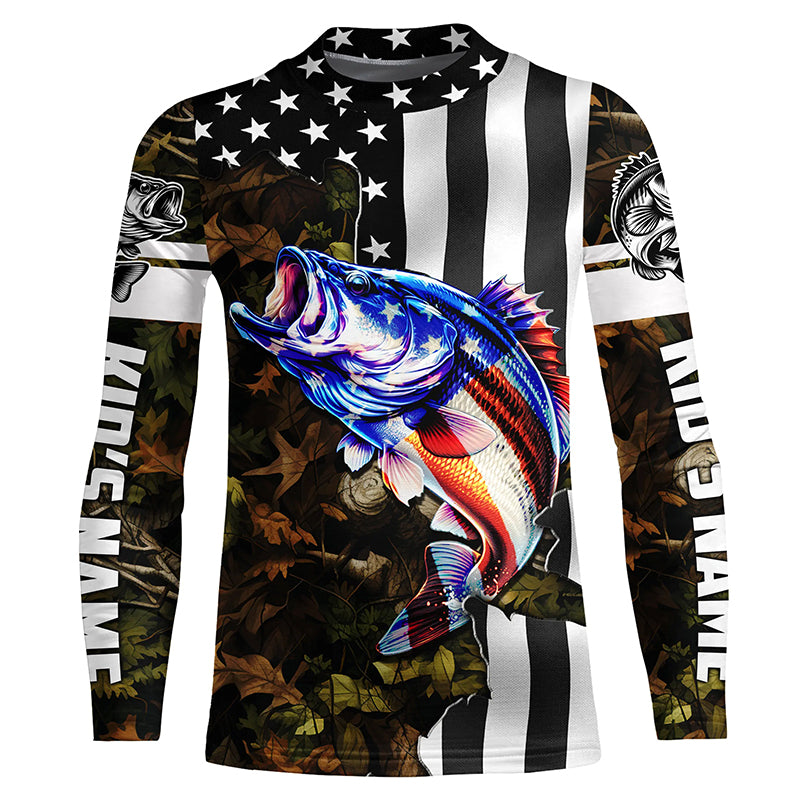 Bass Fishing American Flag black camo Customize UV protection long sleeves fishing shirt for kid NPQ88