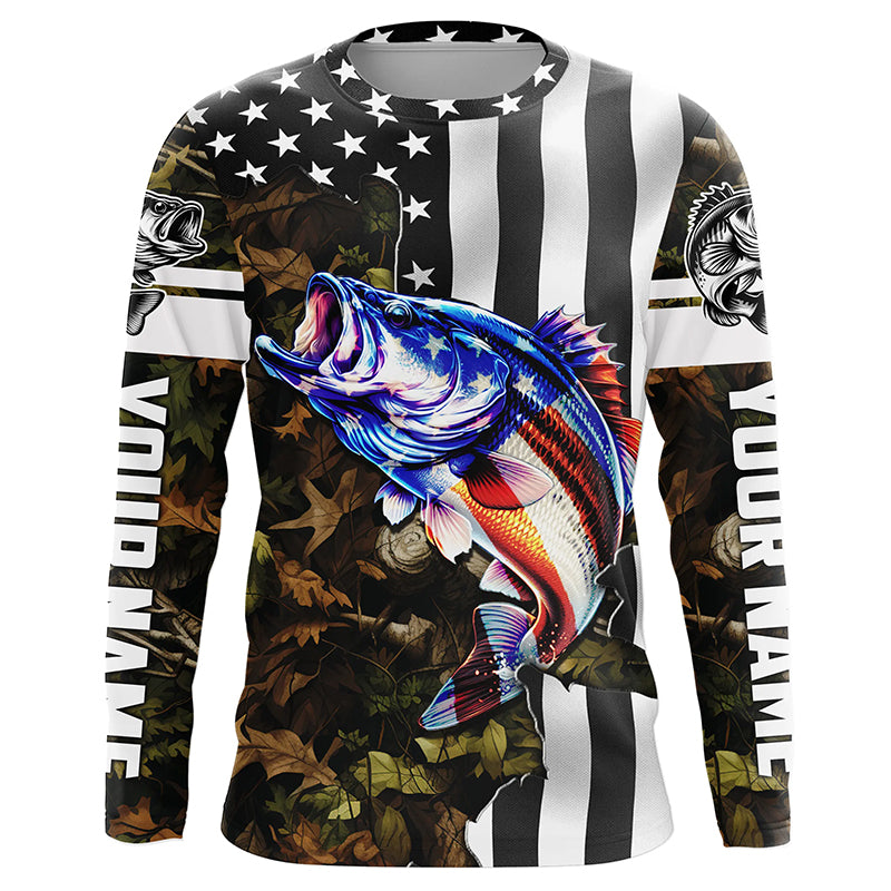 Bass Fishing American Flag black camo Customize UV protection long sleeves fishing shirt for men NPQ88