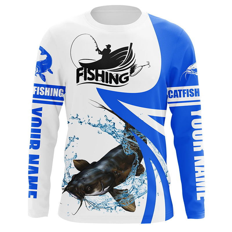 Flathead Catfish fishing tournament Fishing Jersey, Personalized white blue Catfish Long sleeve shirt NQS5033