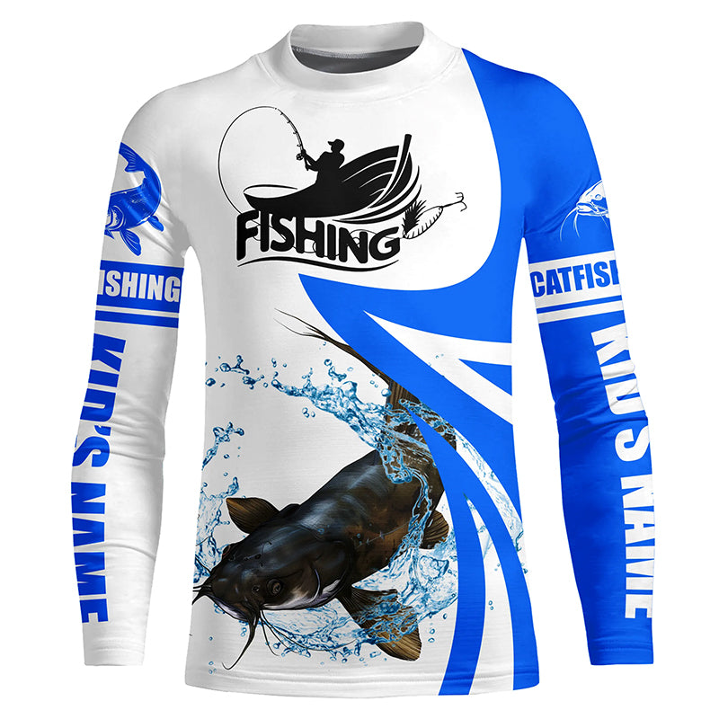 Flathead Catfish fishing tournament Fishing Jersey, Personalized white blue Catfish Kid Long sleeve NQS5033