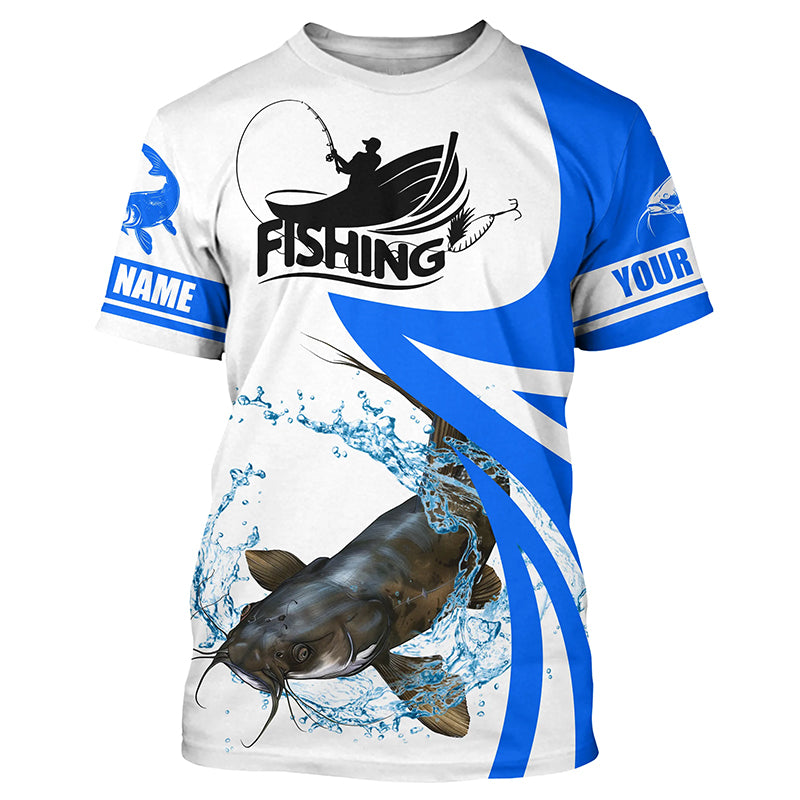 Flathead Catfish fishing tournament Fishing Jersey, Personalized white blue Catfish fishing T-shirt NQS5033