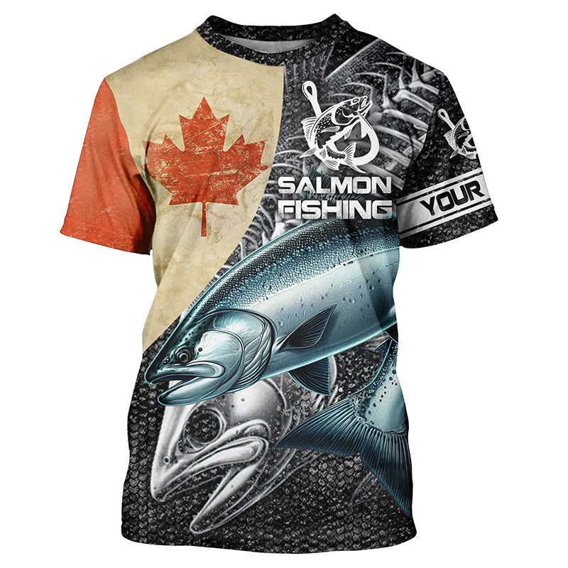 Vintage Canadian Flag Salmon Fishing Custom performance Fishing T-shirt, Salmon jerseys NQS5334