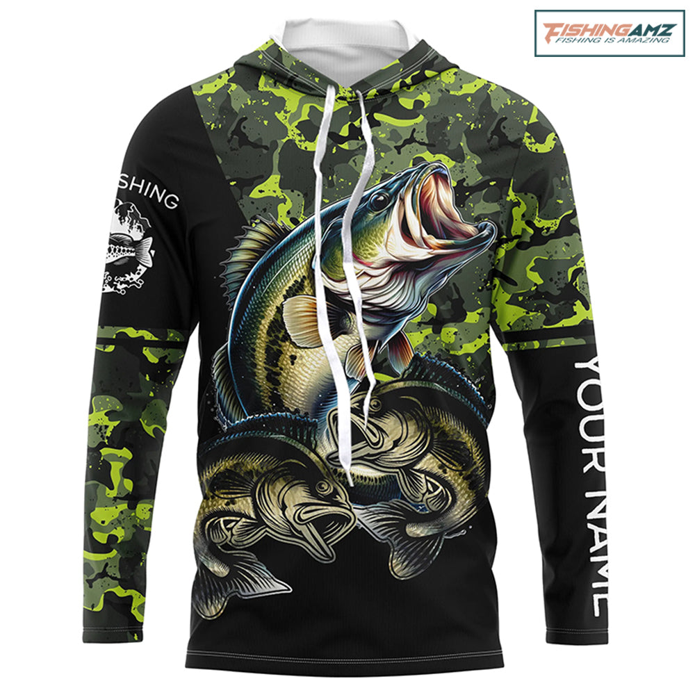 Bass fishing black green camo Custom name Long sleeve, Long Sleeve Hooded NPQ925