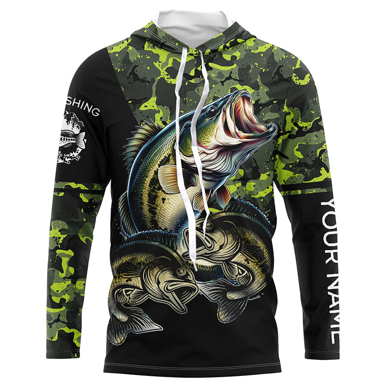 Bass fishing black green camo Custom name Long sleeve, Long Sleeve Hooded NPQ925