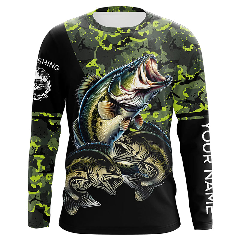 Bass fishing black green camo Custom name Long sleeve, Long Sleeve Hooded NPQ925