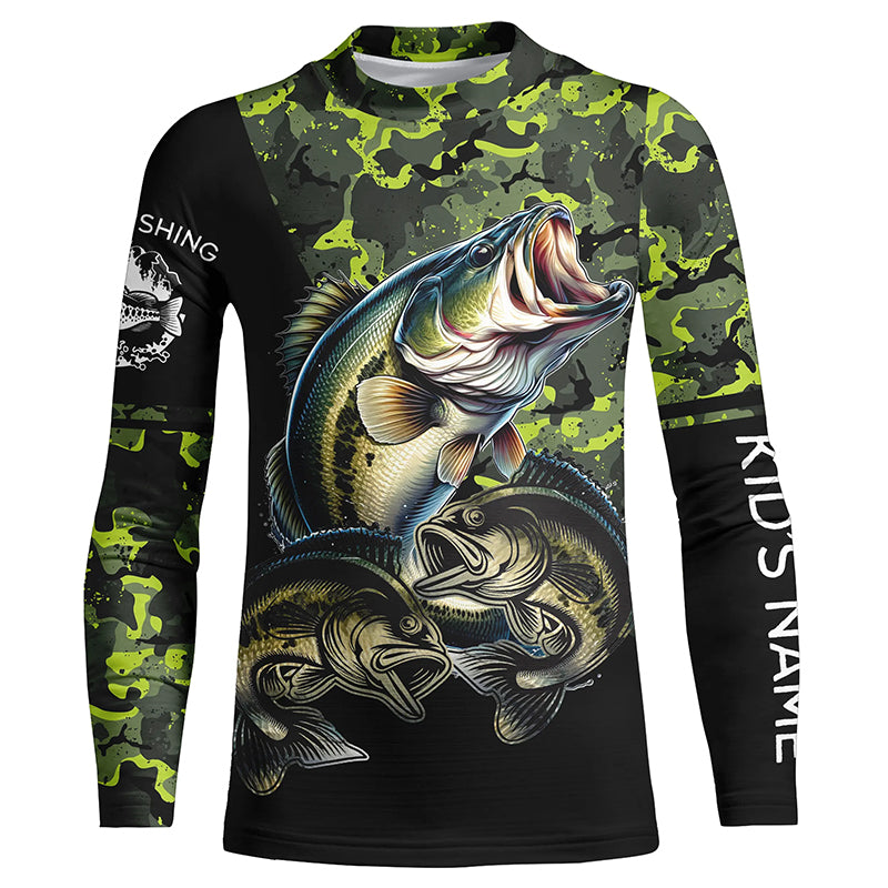 Bass fishing black green camo Custom name fishing shirts jerseys | Kid Long Sleeves NPQ925