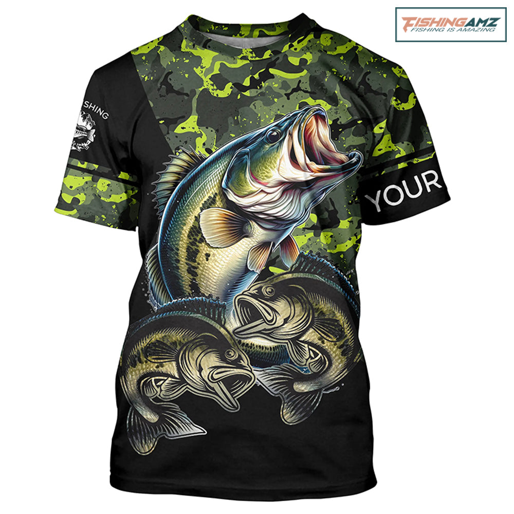 Bass fishing black green camo Custom name fishing shirts jerseys | Tshirt - NPQ925