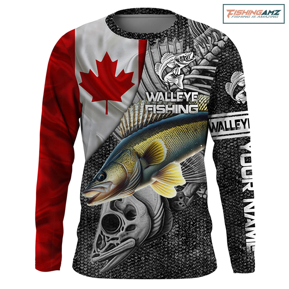 Canadian Flag Walleye Fishing skull reaper Custom fishing jerseys | Long sleeve, Long Sleeve Hooded NPQ787