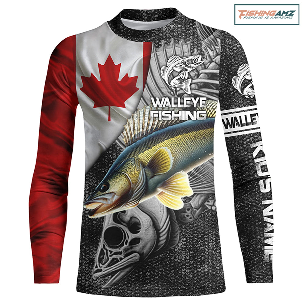 Canadian Flag Walleye Fishing walleye skull reaper Custom Kid Long Sleeves NPQ787