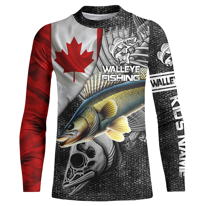 Canadian Flag Walleye Fishing walleye skull reaper Custom name fishing jerseys | Kid Long Sleeves NPQ787