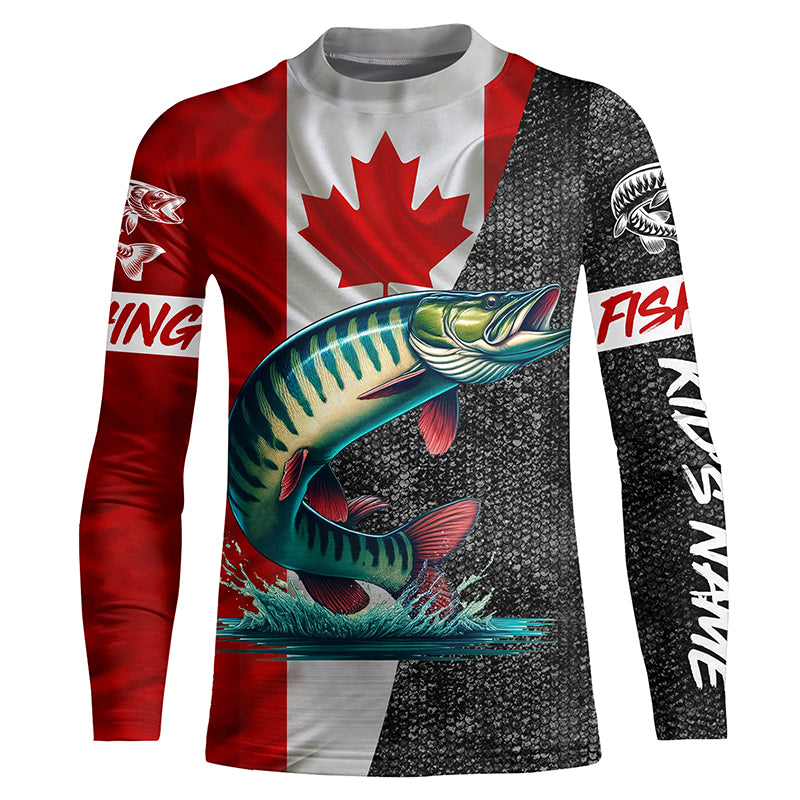 Custom Canadian Flag Musky Fishing, personalized muskie fishing tournament Kid Long Sleeve shirt NQS5073