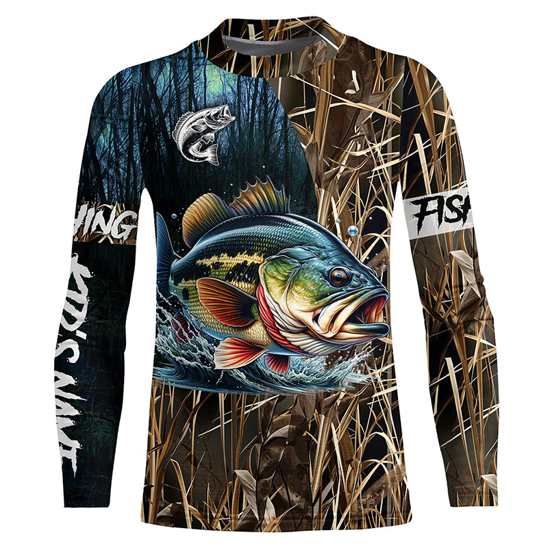 Largemouth Bass Fishing Camo Customize UV protection long sleeves fishing shirt for kid NPQ16