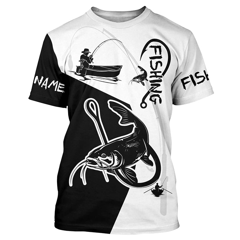 Black and white Catfish Fishing Customize Name All-over Print Unisex fishing T-shirt NPQ106