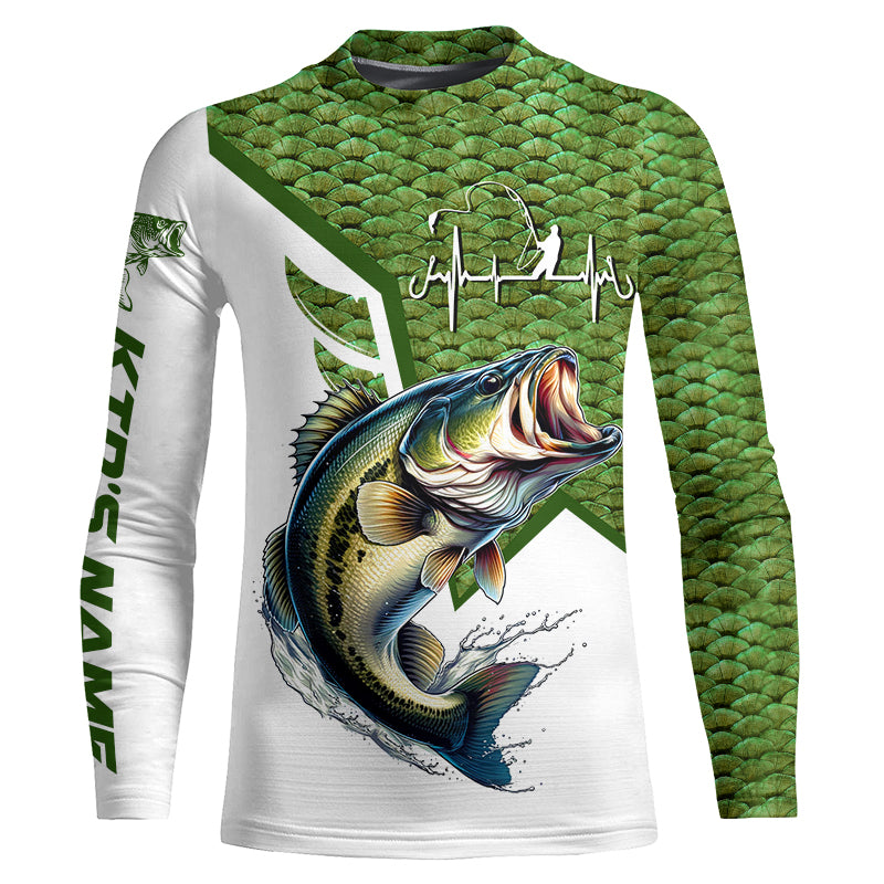 Largemouth Bass fishing green scales Custom name fishing shirts jerseys | Kid Long Sleeves NPQ936