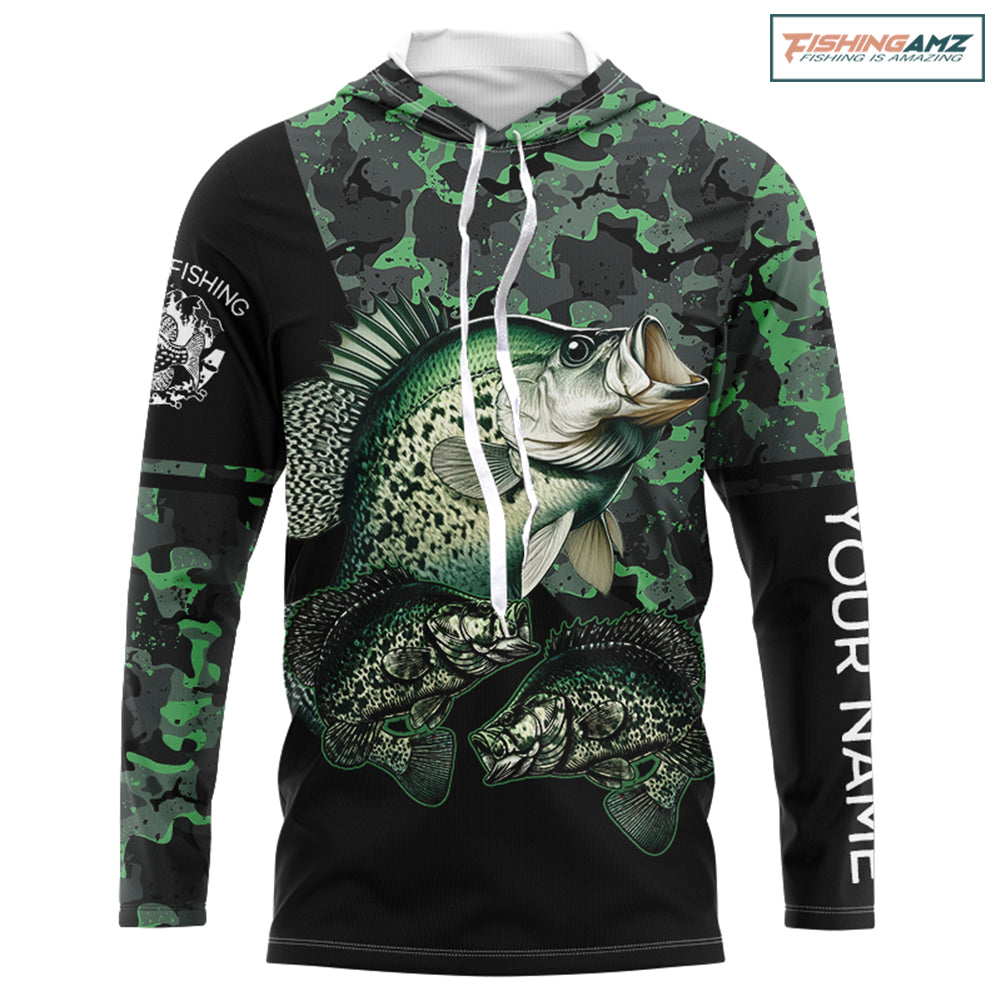 Crappie fishing black green camo Custom name Long sleeve, Long Sleeve Hooded NPQ937