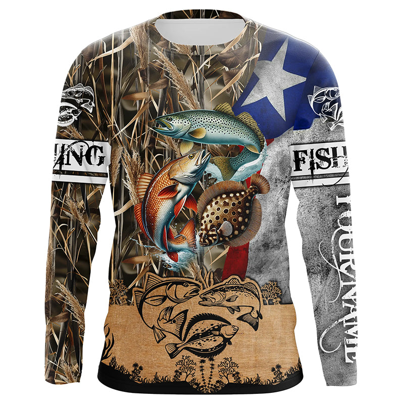 Texas Slam Camo TX Flag redfish, speckled trout, flounder Fishing Custom Long Sleeve Fishing shirts NPQ299