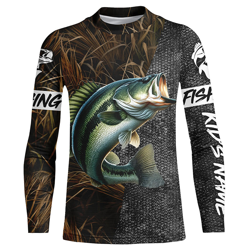 Custom Largemouth Bass Fishing Camo Personalized bass fishing jerseys Kid Long Sleeve shirt NQS5078