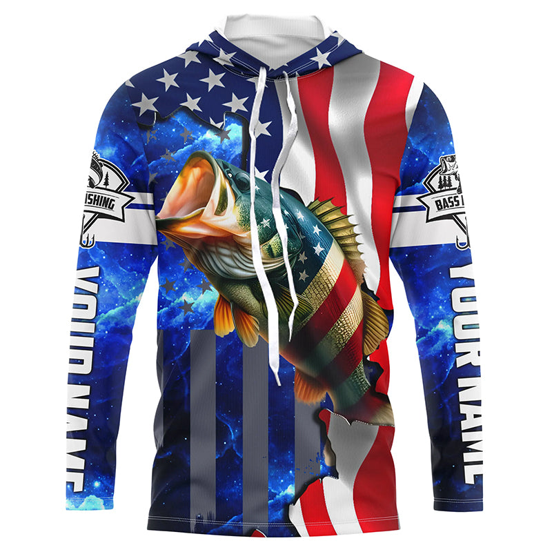 Bass Fishing American Flag patriotic UV protection Custom name long sleeves fishing shirt for men NPQ2