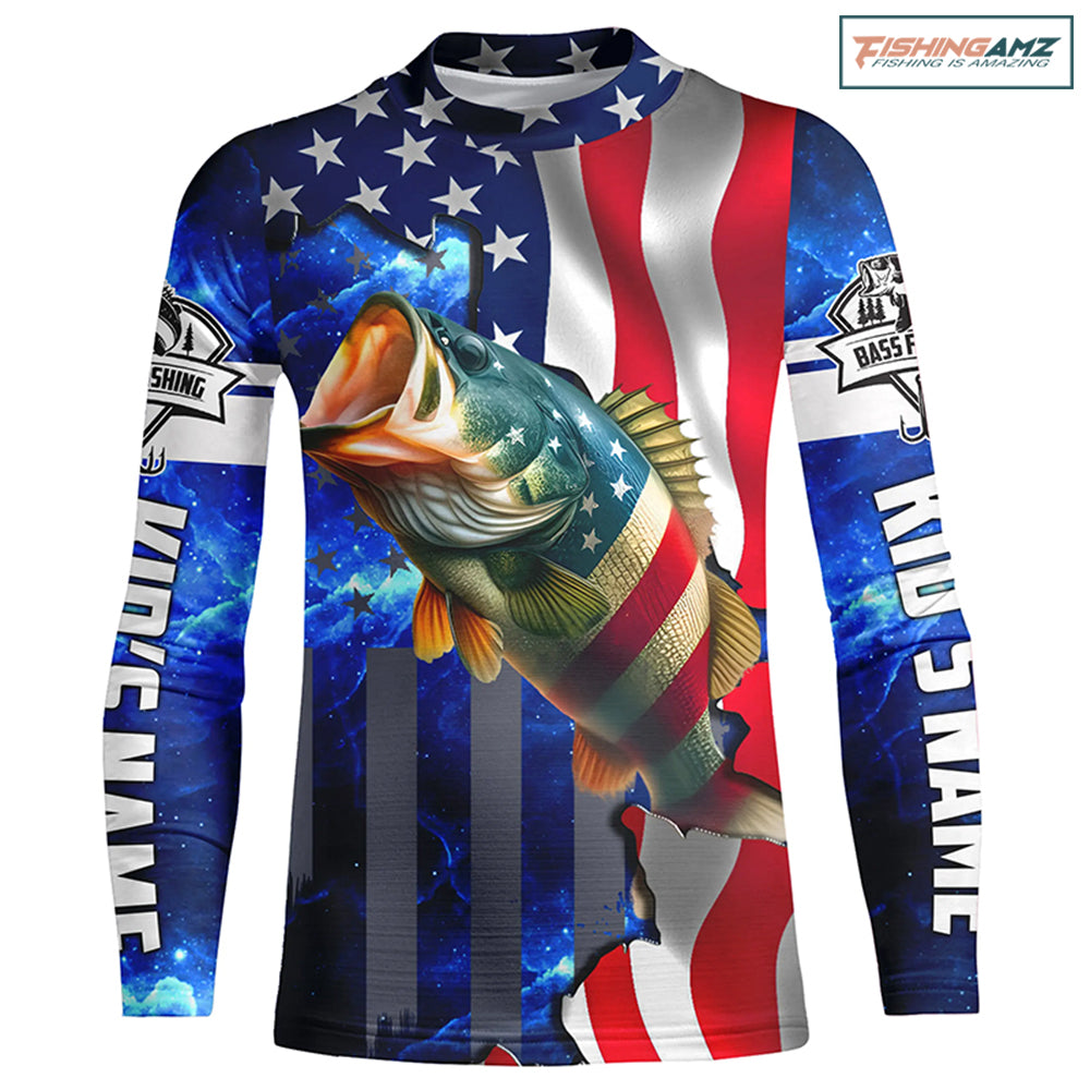 Bass Fishing American Flag patriotic performance fishing shirt UV protection customize Kid Long Sleeves NPQ2