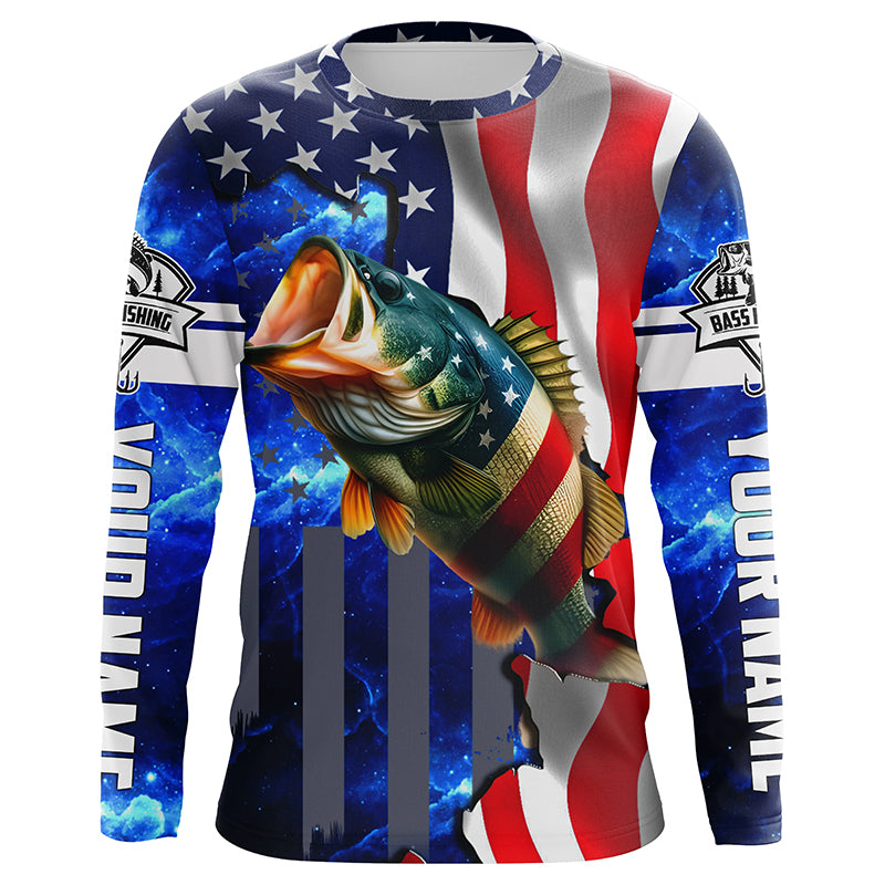 Bass Fishing American Flag patriotic UV protection Custom name long sleeves fishing shirt for men NPQ2