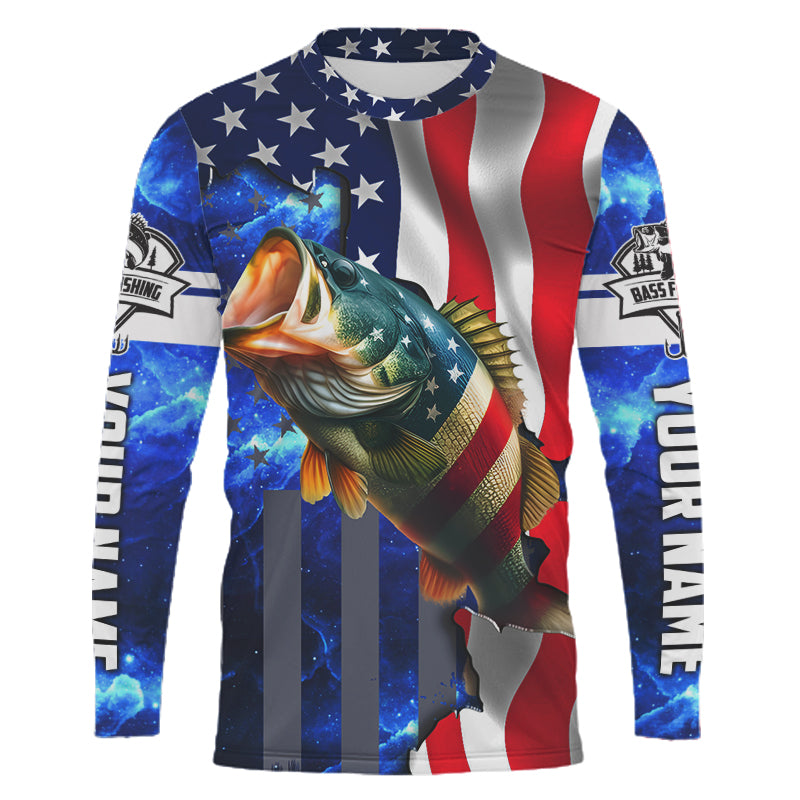 Bass Fishing American Flag patriotic UV protection Custom name long sleeves fishing shirt for men NPQ2