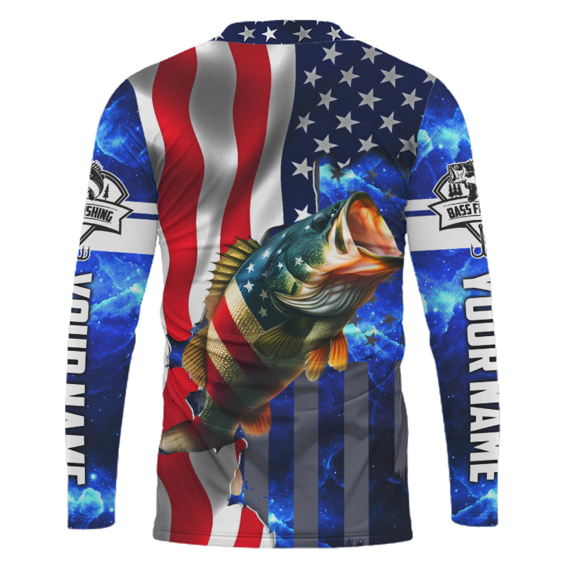 Bass Fishing American Flag patriotic UV protection Custom name long sleeves fishing shirt for men NPQ2